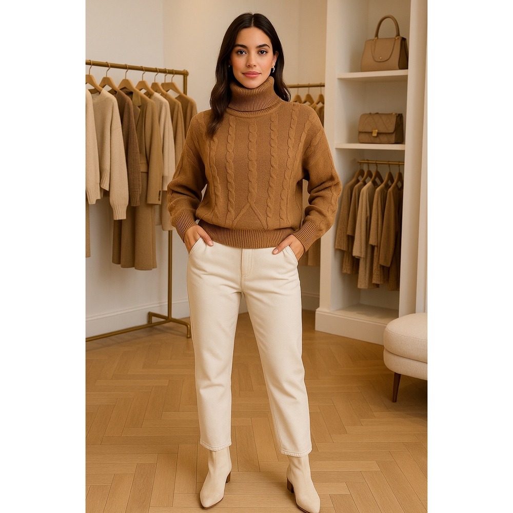 Commense Cable Knit Turtleneck Oversized Sweater Khaki size M